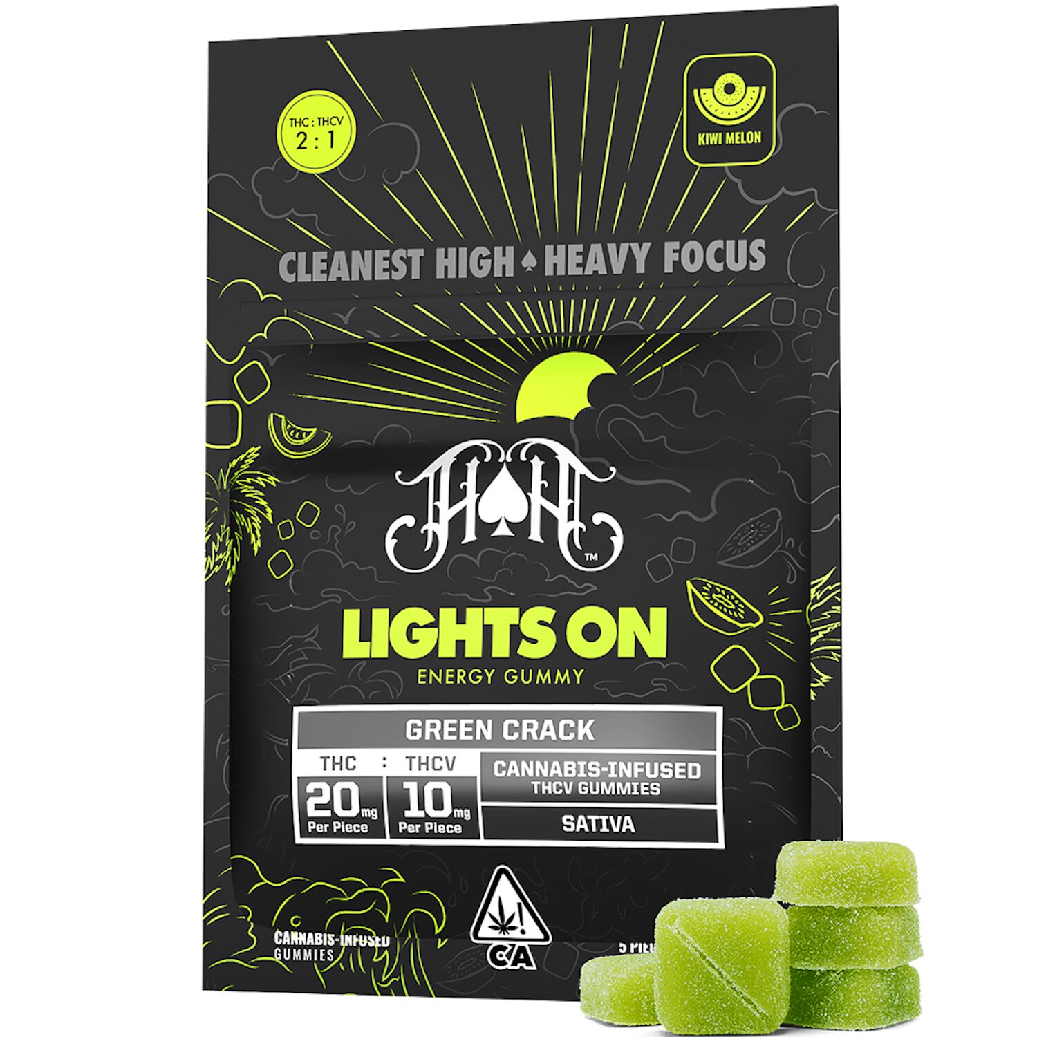 Buy Lights On 2:1 Green Crack Kiwi Melon Gummies (THC:THCv)