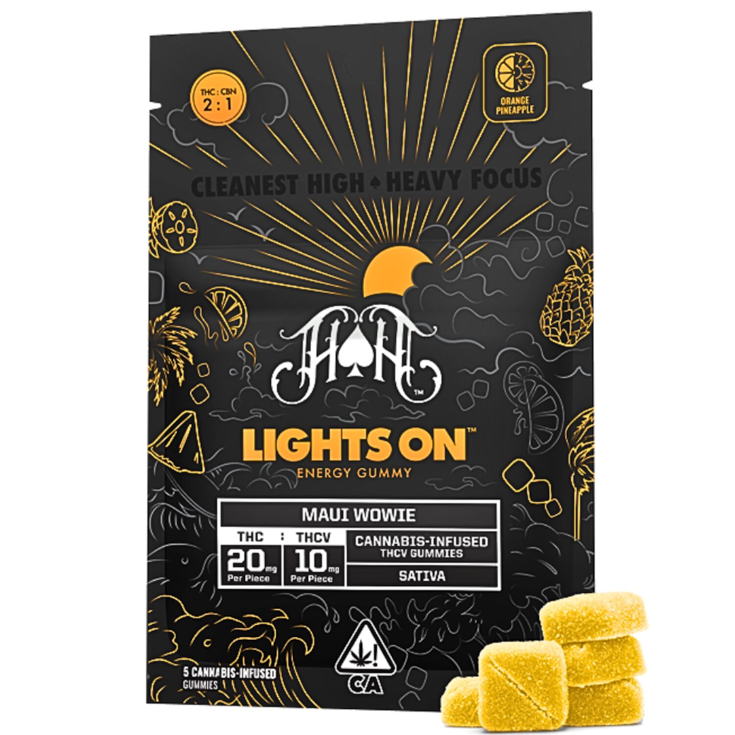 Buy Lights On 2:1 Maui Wowie Orange Pinapple Gummies (THC:THCv)